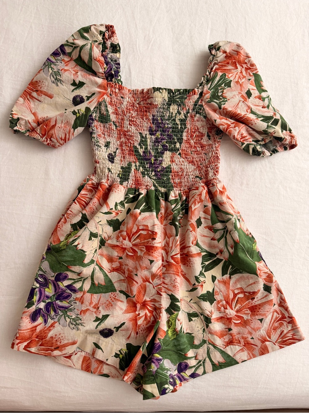 H&M Coral and Green Floral Smocked Romper - Picture 2 of 5